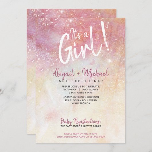 女の子ピンクの水色の赤ちゃん絵を描のシャワーだ 招待状 (正面/裏面)