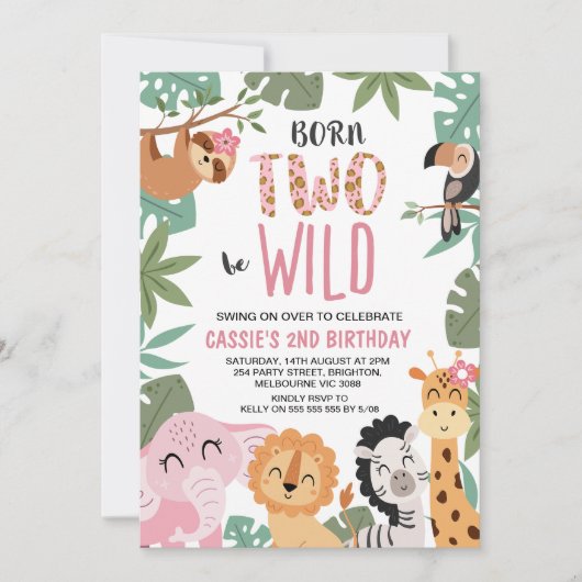 女の子ピンクの生まれ緑が野生の2番目の誕生日 招待状 (正面)