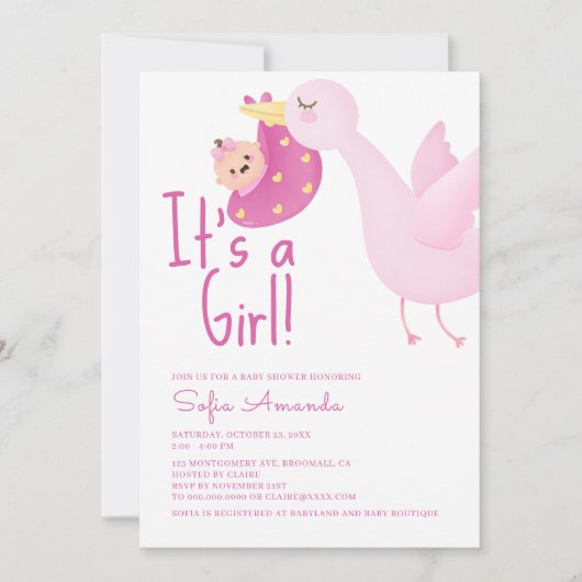 女の子ピンクの白鳥の赤ちゃんシャワー 招待状 (正面)