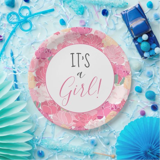 女の子ピンクの花の柄ベビー振り掛けナップ ペーパープレート (パーティー)