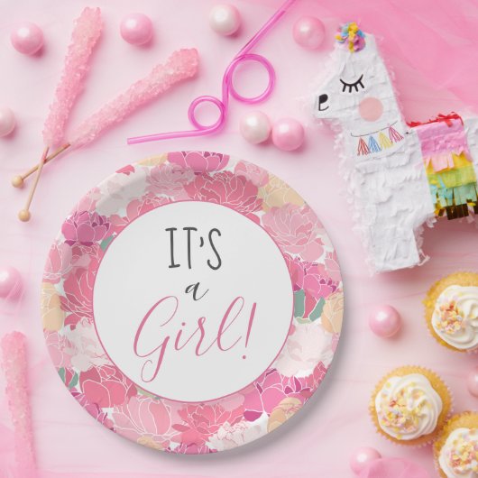 女の子ピンクの花の柄ベビー振り掛けナップ ペーパープレート (パーティー)