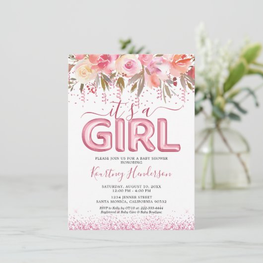 女の子ピンクの花赤ちゃんシャワー 招待状 (スタンド正面)