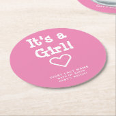 『女の子ピンクの誕生のお知らせパーソナライズされた』 ラウンドペーパーコースター (アングル)