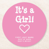 『女の子ピンクの誕生のお知らせパーソナライズされた』 ラウンドペーパーコースター (正面)