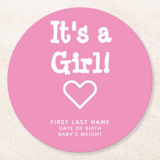 『女の子ピンクの誕生のお知らせパーソナライズされた』 ラウンドペーパーコースター (正面)