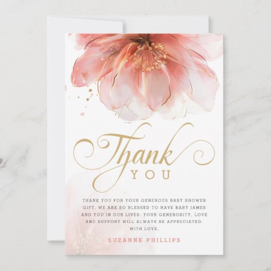 女の子ピンクの金ゴールドフローラ サンキューカード (正面)