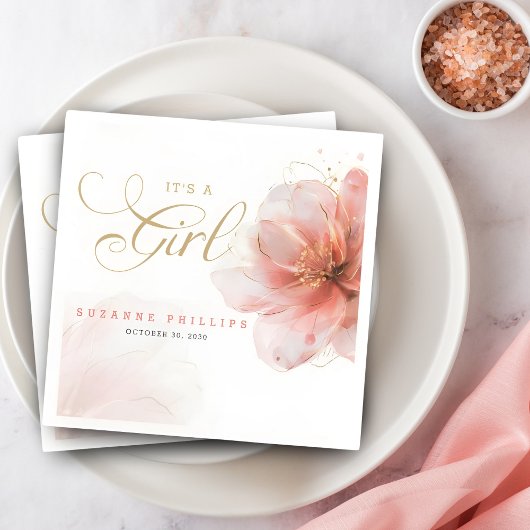 女の子ピンクの金ゴールドフローラ スタンダードカクテルナプキン