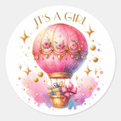 女の子ピンクの金ゴールドホットエアバルーン赤ちゃんシャワー ラウンドシール (正面)