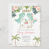 女の子ピンクの金ゴールド恐竜カップルのシャワー 招待状 (正面)