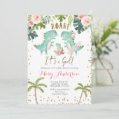 女の子ピンクの金ゴールド恐竜カップルのシャワー 招待状 (スタンド正面)