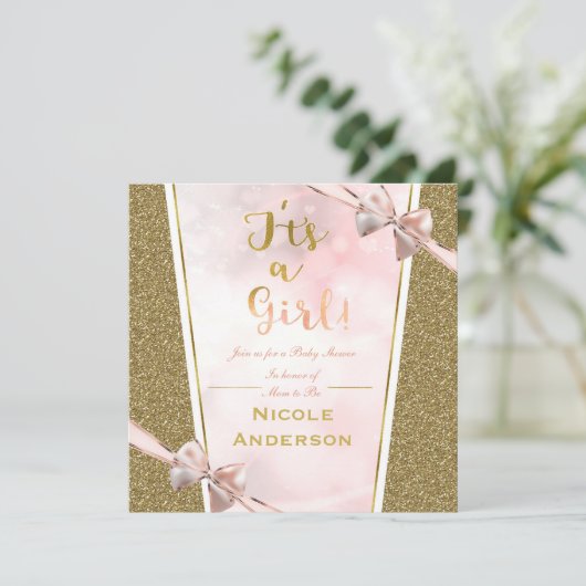 女の子ピンクの金ゴールド民族肌の女の子ベビーシャワー 招待状 (スタンド正面)