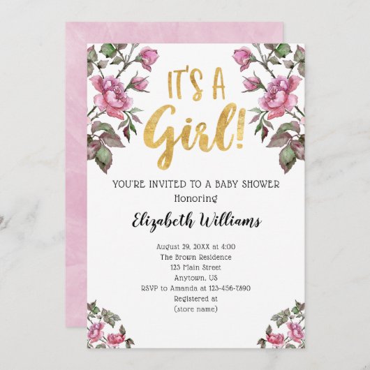 女の子ピンクの金ゴールド水色ベビーシャワー 招待状 (正面/裏面)