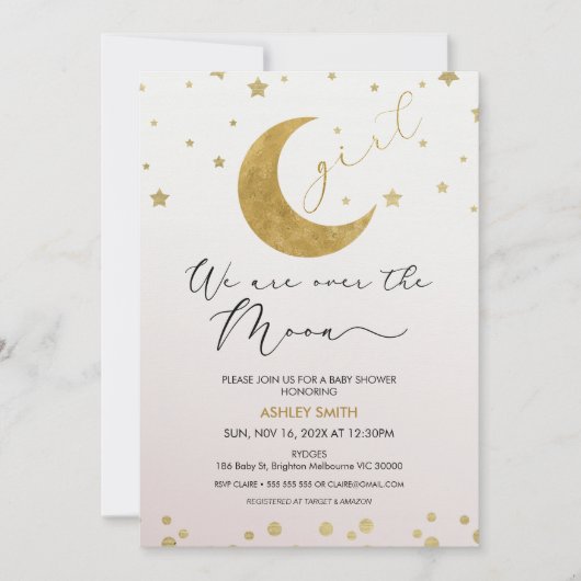 女の子ピンクの金ゴールド私たちは月の赤ちゃんシャワーの上にいる 招待状 (正面)
