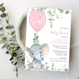 女の子ピンクの風船かわいい象の赤ちゃんシャワー 招待状