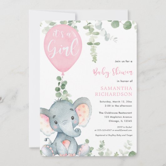 女の子ピンクの風船かわいい象の赤ちゃんシャワー 招待状 (正面)