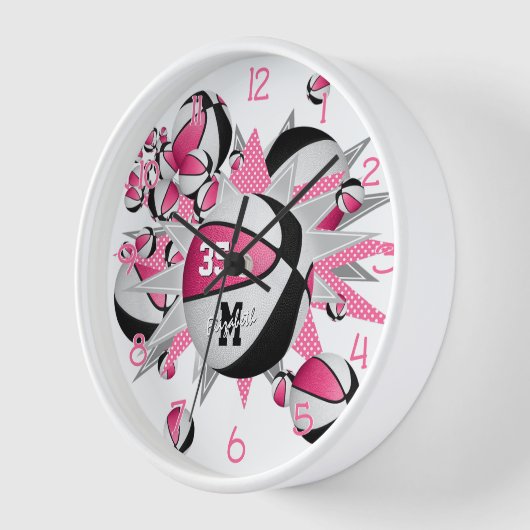 女の子ピンクの黒いスポーツルームのバスケットが星 壁時計 (傾斜)