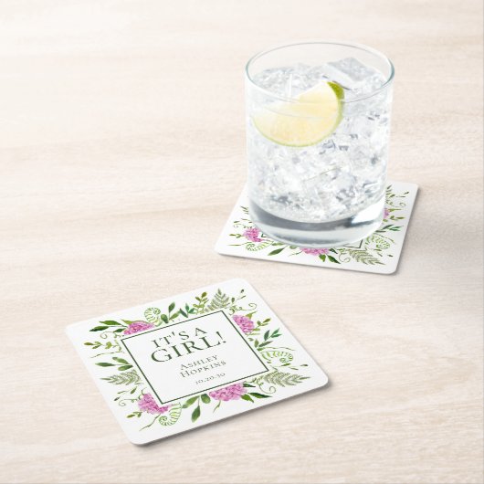 女の子ピンクアジサイ女の子ベビーシャワー スクエアペーパーコースター (インサイチュ)