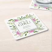 女の子ピンクアジサイ女の子ベビーシャワー スクエアペーパーコースター (アングル)