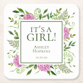 女の子ピンクアジサイ女の子ベビーシャワー スクエアペーパーコースター