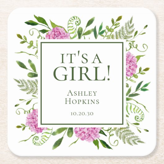 女の子ピンクアジサイ女の子ベビーシャワー スクエアペーパーコースター (正面)