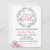 女の子ピンクグレーのフローラ赤ちゃんシャワー 招待状 (正面)