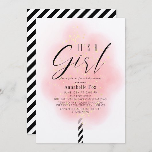 女の子ピンクコットンキャンディーベビーシャワー 招待状 (正面/裏面)