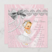 女の子ピンクサテンパールリトルレディーベビーシャワー 招待状 (正面/裏面)
