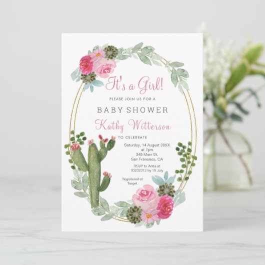 女の子ピンクサボテンのフローラの赤ちゃんシャワー 招待状 (スタンド正面)