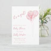 女の子ピンクバルーン赤ちゃんシャワー招待状 招待状 (スタンド正面)