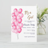 女の子ピンクバルーン赤ちゃんシャワー招待状 招待状 (スタンド正面)