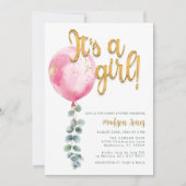 女の子ピンクバルーン赤ちゃんシャワー&金ゴールドスクリプト 招待状 (正面)