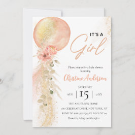 女の子ピンクバルーンeucalyptus赤ちゃんシャワー 招待状