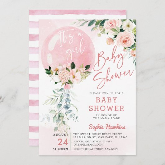 女の子ピンクバルーンeucalyptus赤ちゃんシャワー 招待状 (正面/裏面)