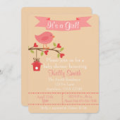 女の子ピンクバードベビーシャワー招待状 招待状 (正面/裏面)