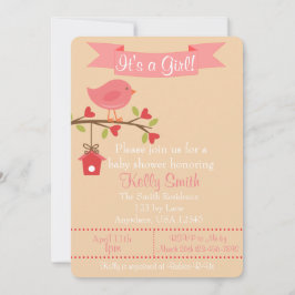 女の子ピンクバードベビーシャワー招待状 招待状