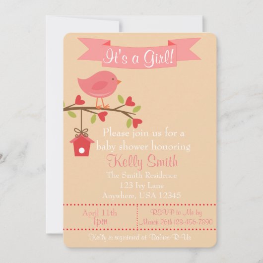 女の子ピンクバードベビーシャワー招待状 招待状 (正面)