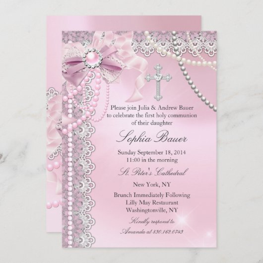 女の子ピンクパールボウクロスホーリーコミュニオン 招待状 (正面/裏面)