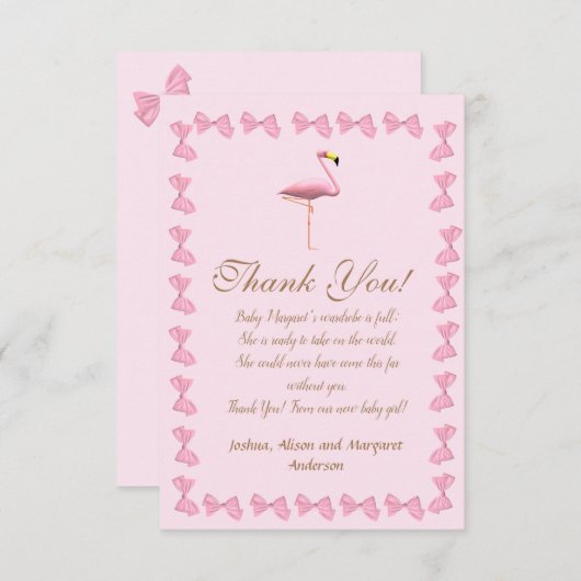 女の子ピンクフラミンゴ赤ちゃんシャワーありがとう サンキューカード (正面/裏面)