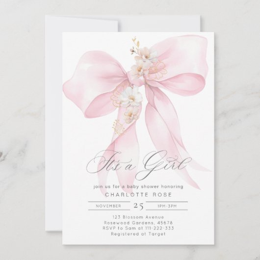 女の子ピンクボウのベビーガールシャワーだ 招待状 (正面)