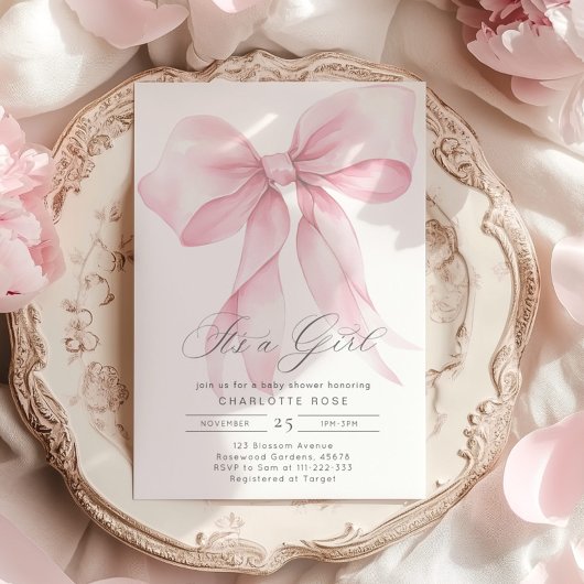 女の子ピンクボウのベビーガールシャワーだ 招待状