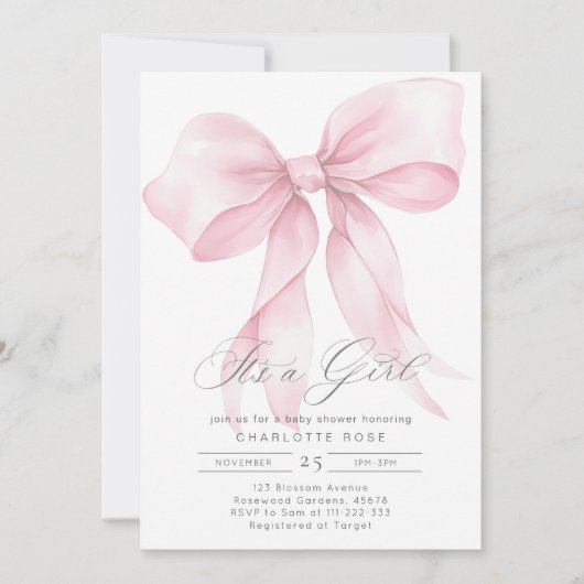 女の子ピンクボウのベビーガールシャワーだ 招待状 (正面)