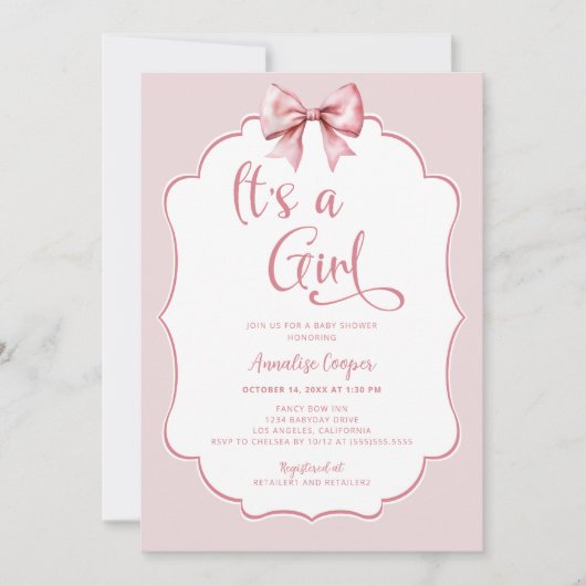 女の子ピンクボウの赤ちゃんシャワー 招待状 (正面)