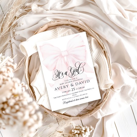 女の子ピンクボウの赤モダンちゃんエレガントシャワー 招待状