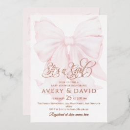 女の子ピンクボウの赤モダンちゃんエレガントシャワー 箔招待状