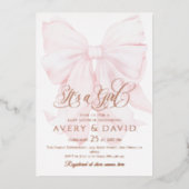 女の子ピンクボウの赤モダンちゃんエレガントシャワー 箔招待状 (正面)