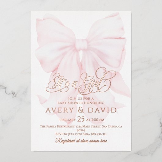 女の子ピンクボウの赤モダンちゃんエレガントシャワー 箔招待状 (正面)