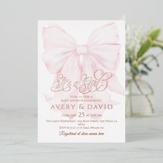 女の子ピンクボウの赤モダンちゃんエレガントシャワー 箔招待状 (立ち正面)