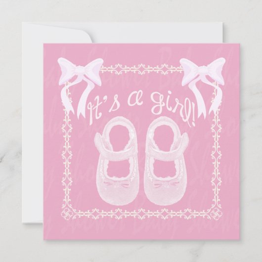 女の子ピンクボウシューズベビーガールシャワー招待状 招待状 (正面)