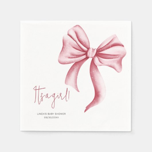 女の子ピンクボウ赤ちゃんシャワーパーティー スタンダードカクテルナプキン (正面)