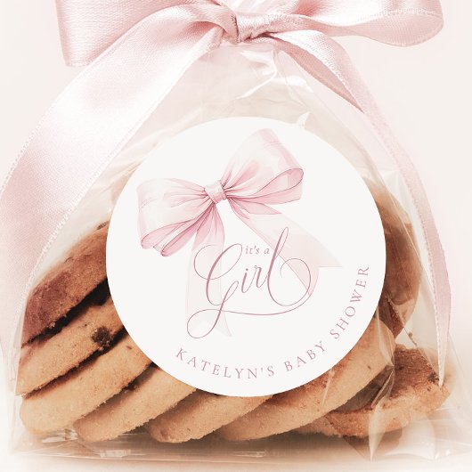 女の子ピンクボウ赤ちゃんシャワー ラウンドシール